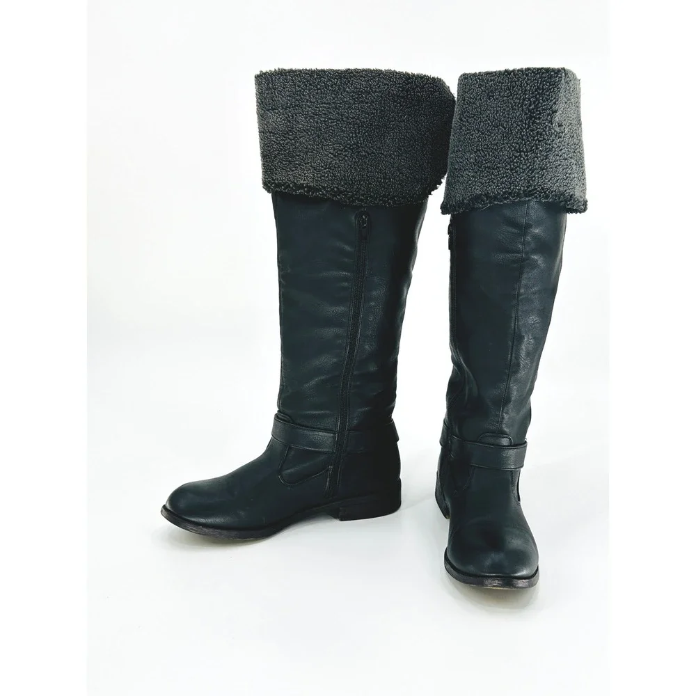 Women's Black Knee-High Winter Boots Shearling Cuff Flat Moto Utility Size 9